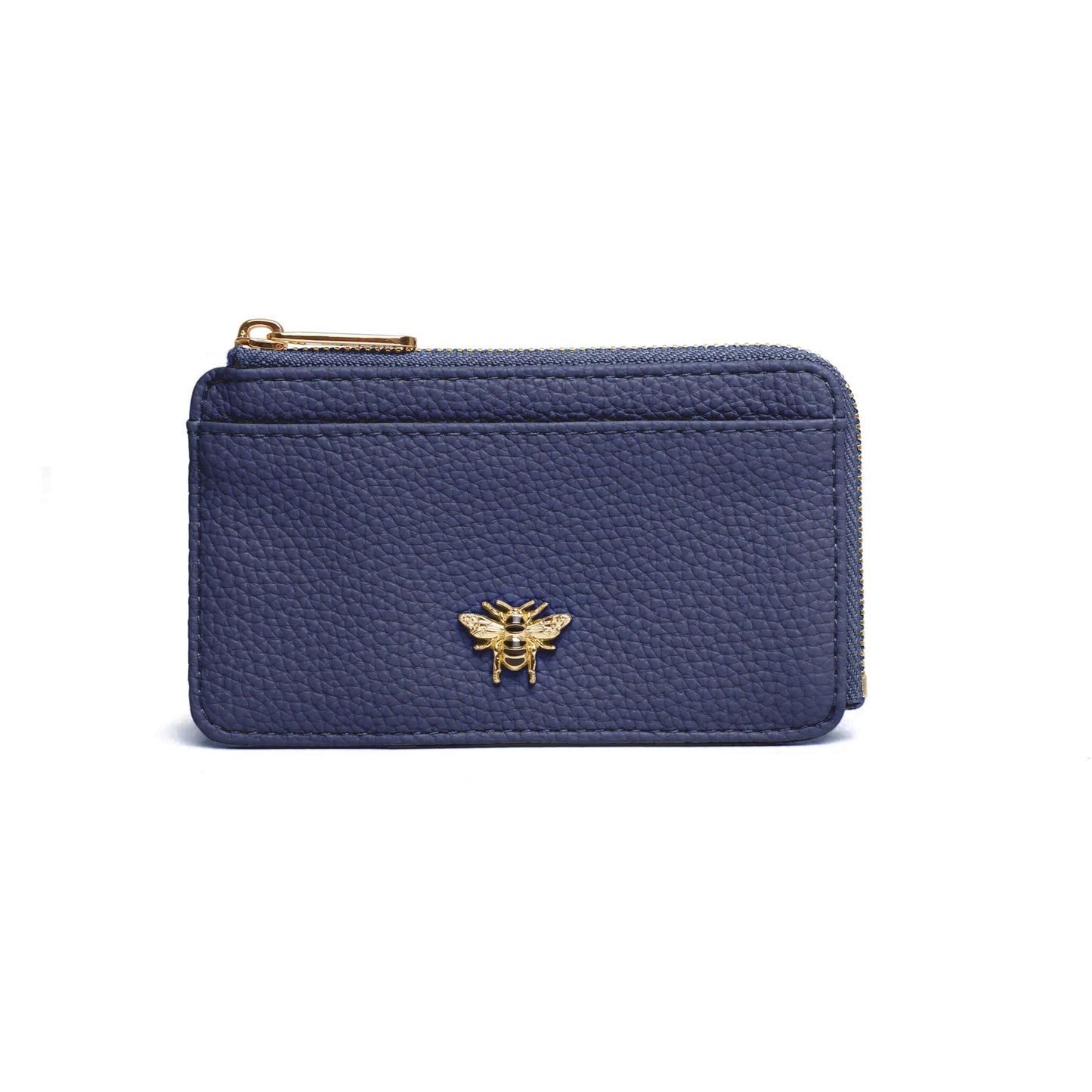 Navy blue faux leather purse with bee emblem and zip closure