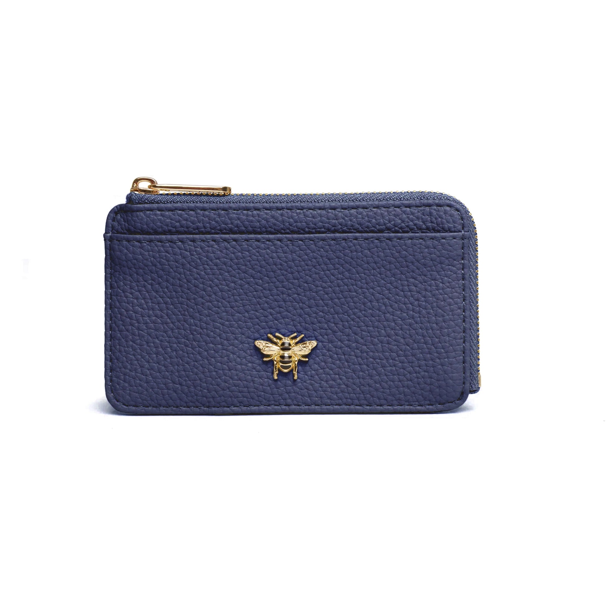 Navy blue faux leather purse with bee emblem and zip closure