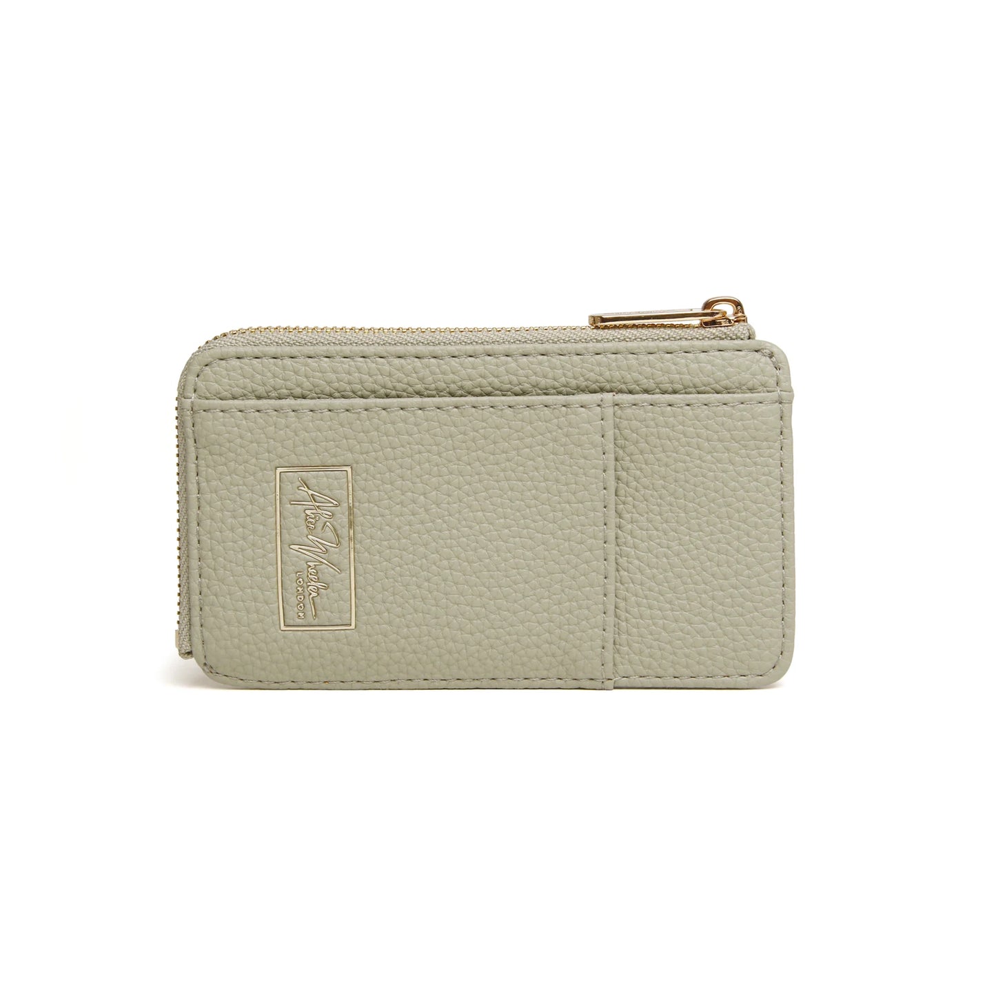 Pistachio green faux leather purse with embossed gold logo and zip closure
