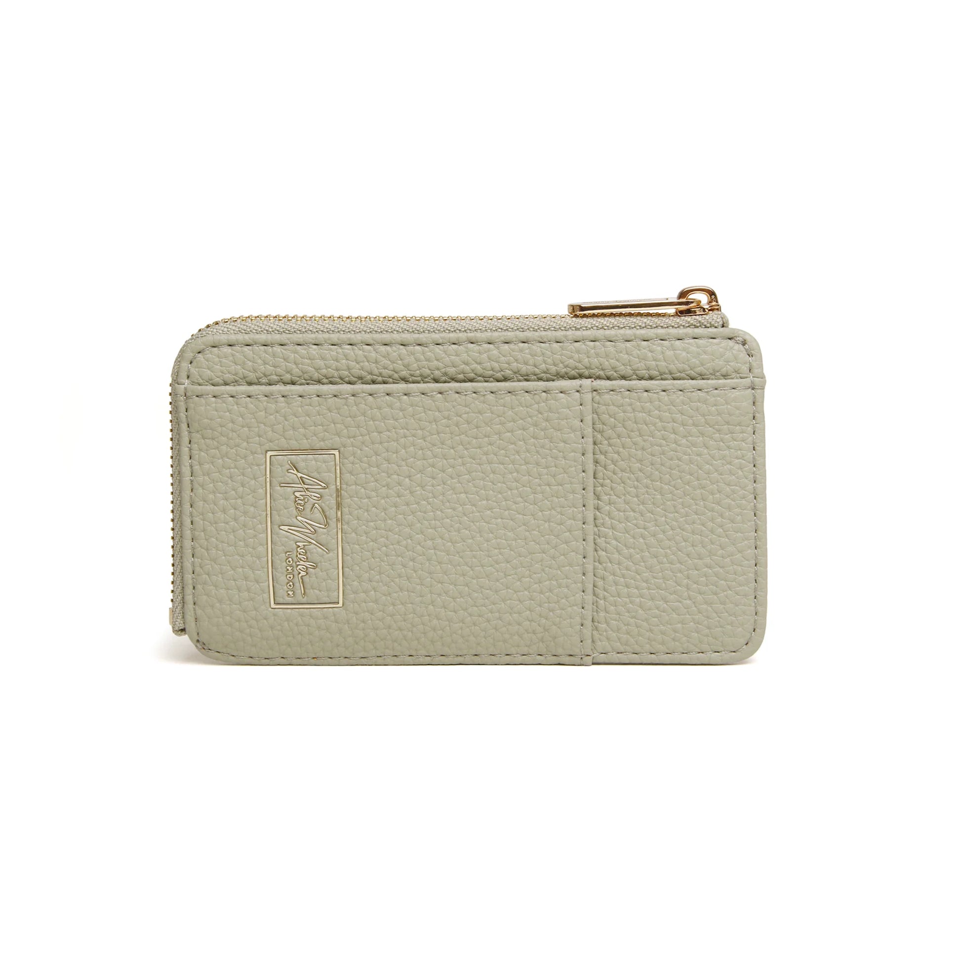 Pistachio green faux leather purse with embossed gold logo and zip closure