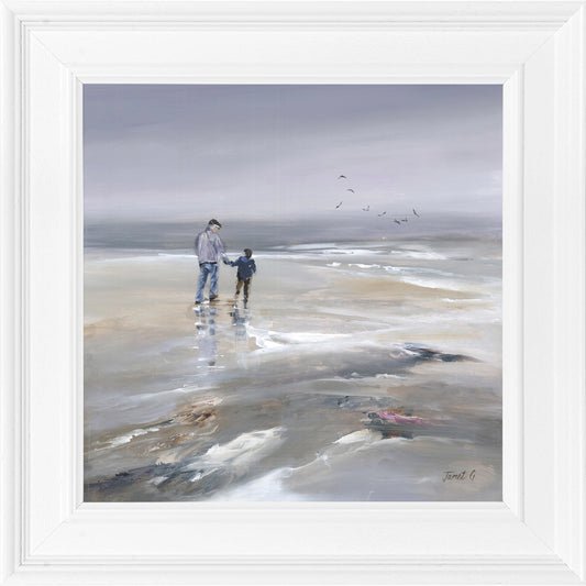 A framed square print of a man and a boy walking along a beach