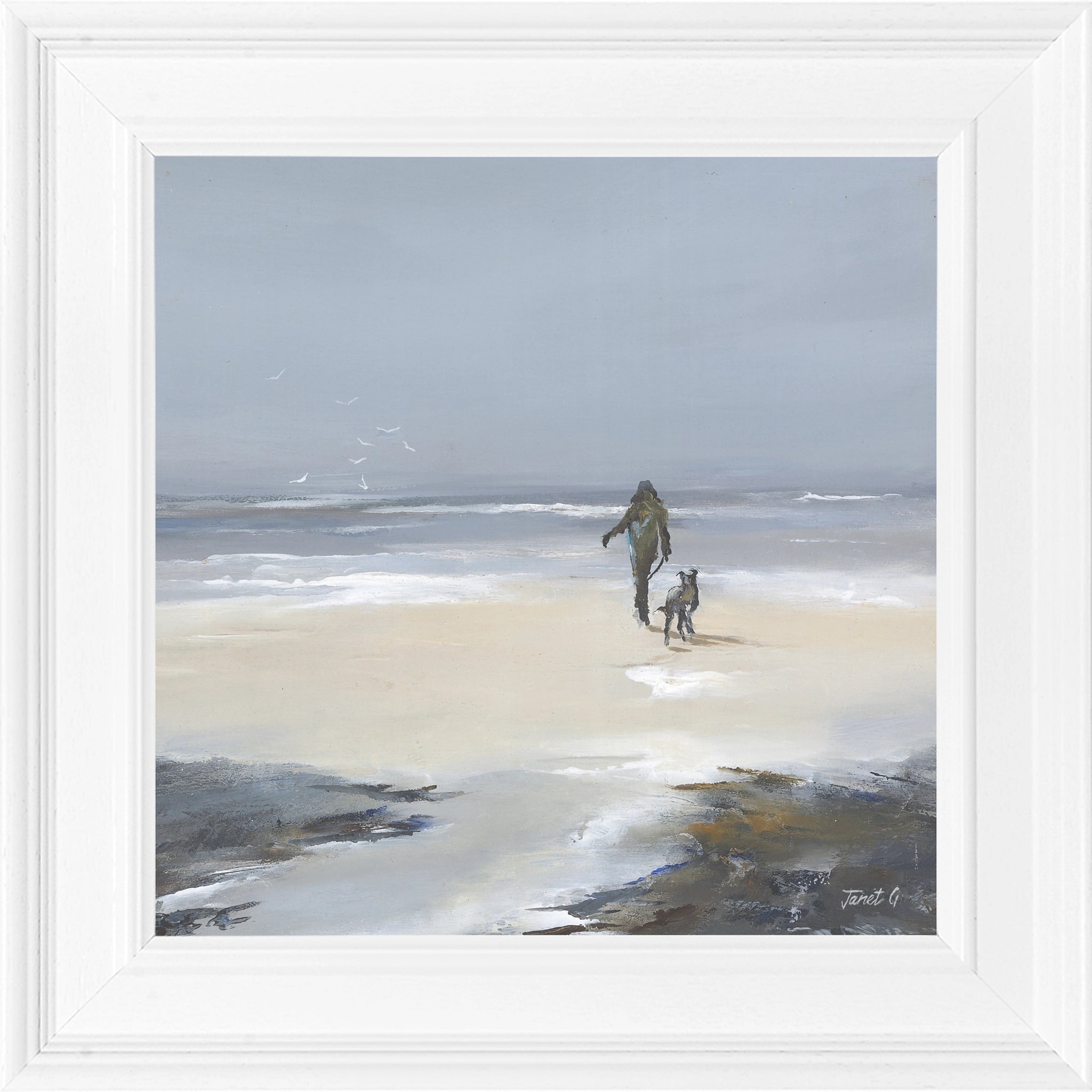 A square framed print of a painting of a person walking their dog along a beach