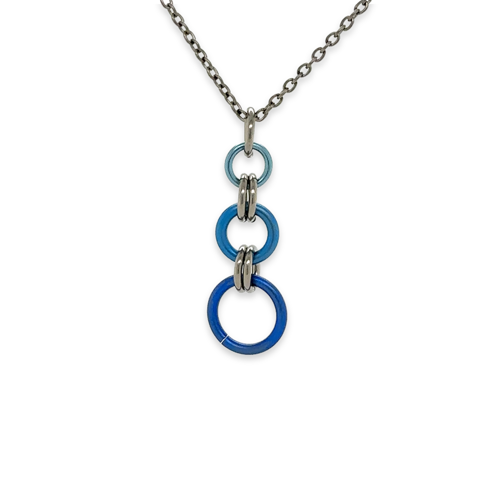 A pendant featuring 3 blue circles linked together by gunmetal coloured rings