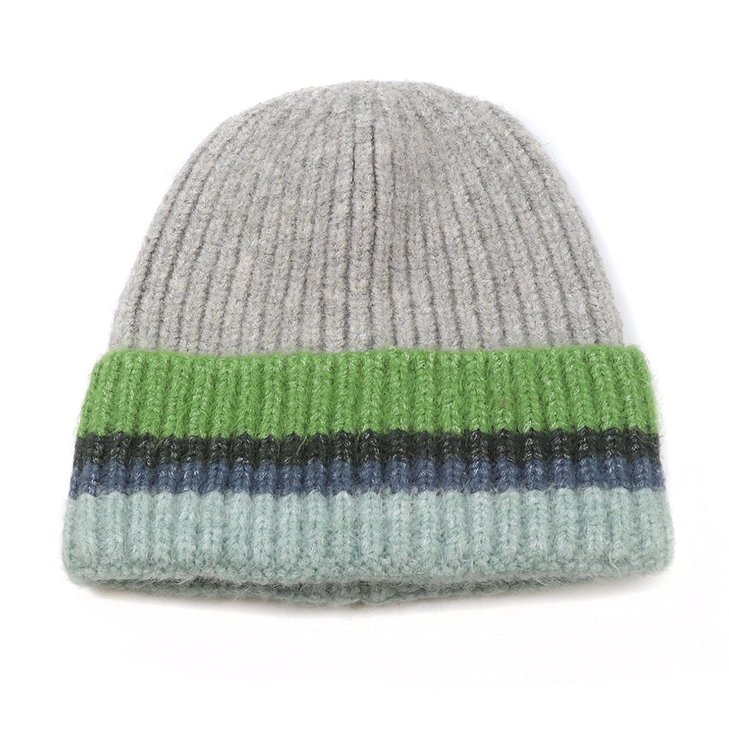 A grey knitted beanie hat with green and blue striped ribbed turn-up