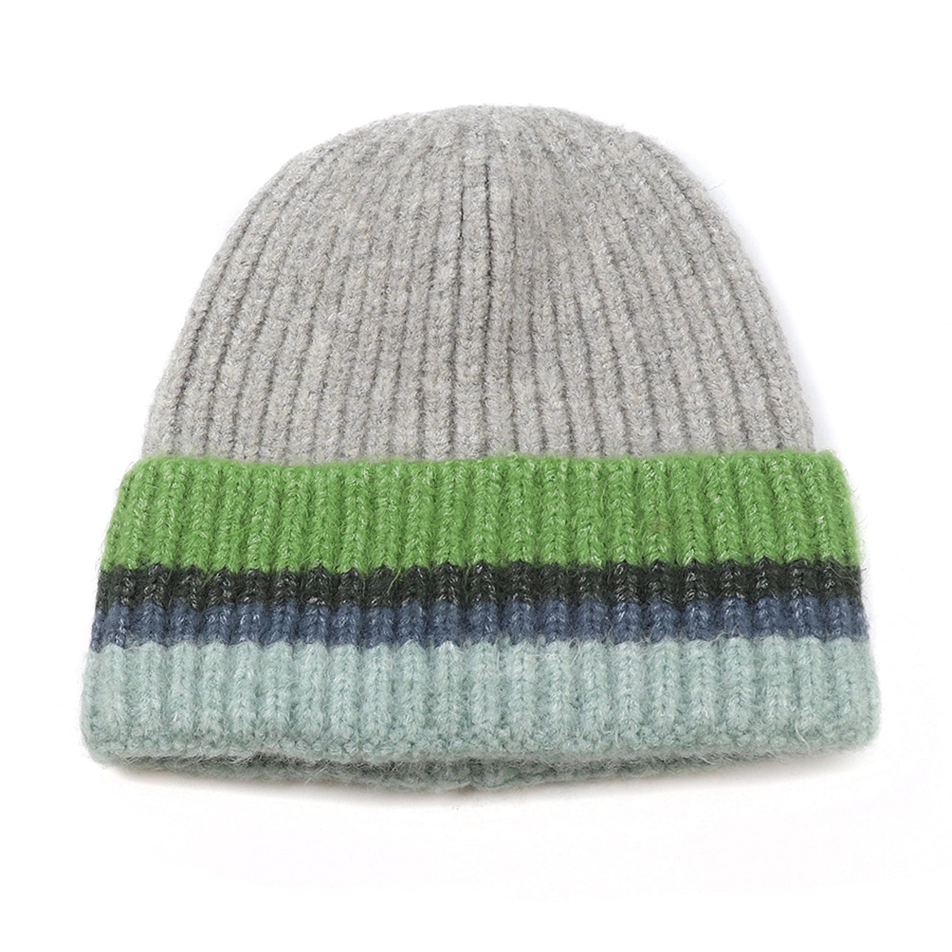 A grey knitted beanie hat with green and blue striped ribbed turn-up
