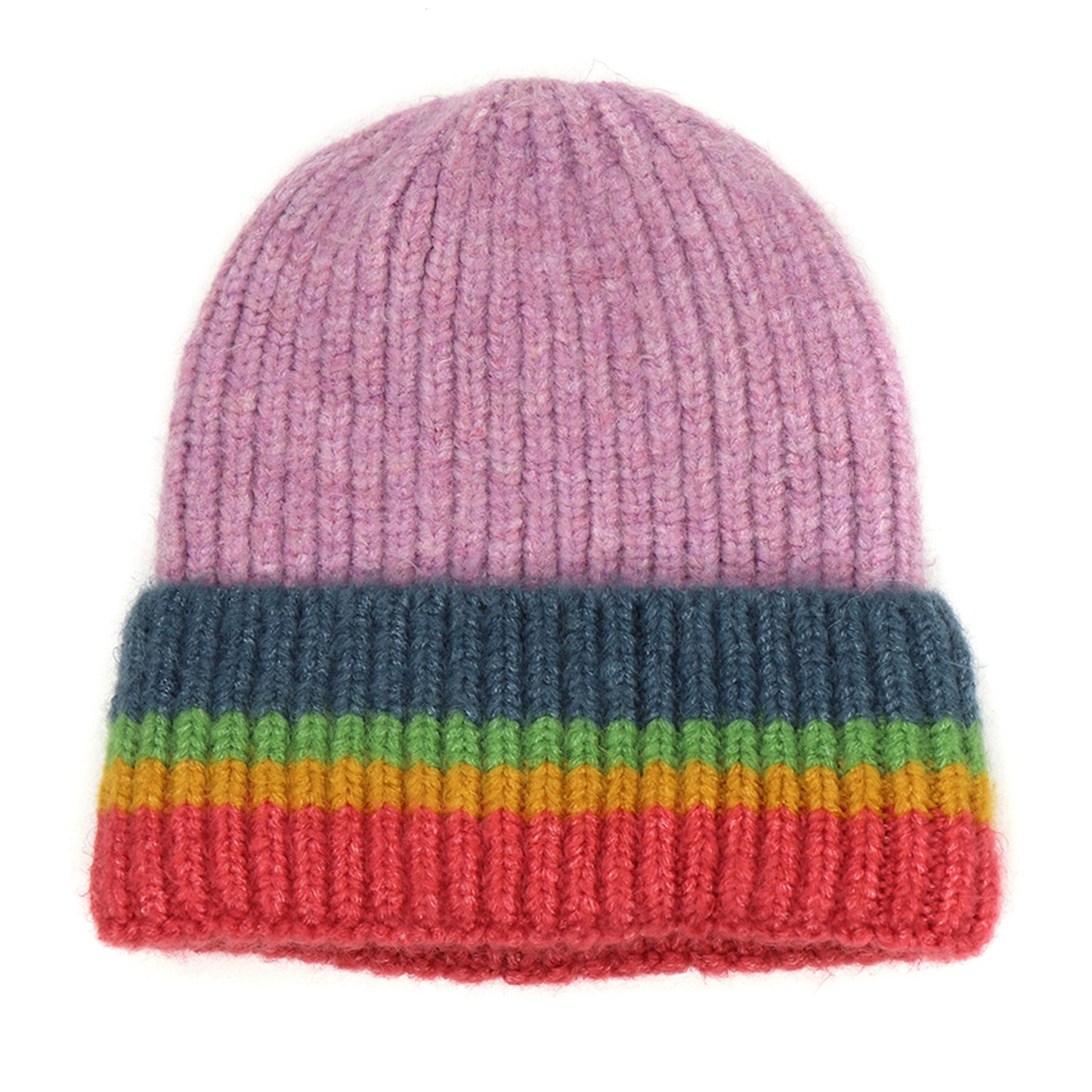A knitted beanie hat with lilac colour and ribbed rainbow striped turn-up