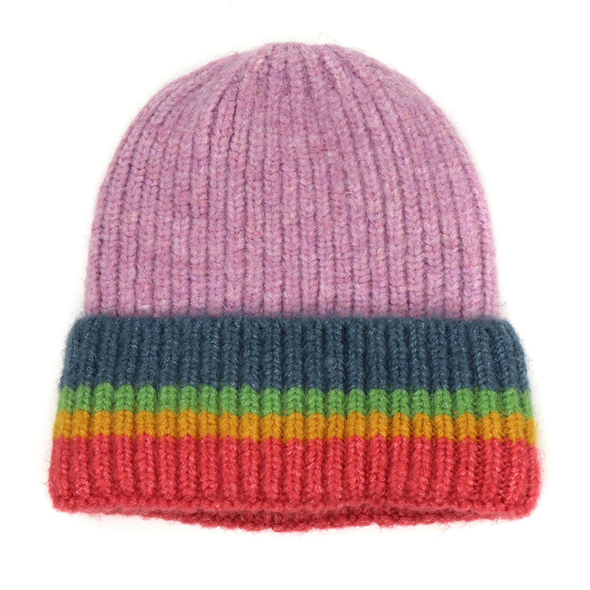 A knitted beanie hat with lilac colour and ribbed rainbow striped turn-up