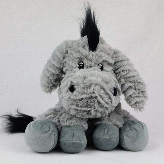 Plush donkey toy in grey with microwavable flax-seed head bag insert