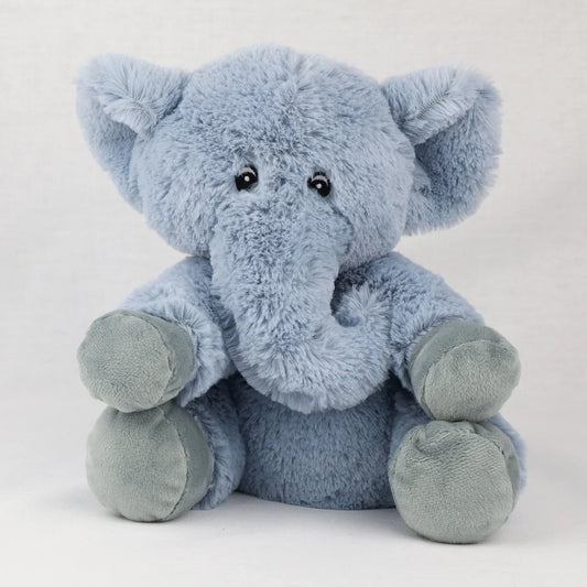 Plush blue elephant toy with microwavable flax-seed head bag insert