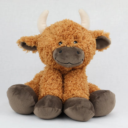 Plush Highland cow toy with microwavable flax-seed head bag insert