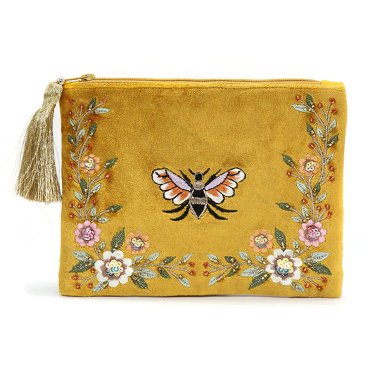 Mustard yellow velvet pouch purse embroidered with flowers and a bee