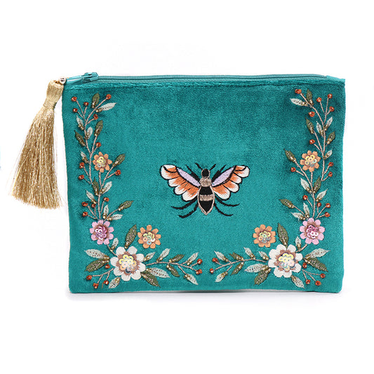 Teal velvet embroidered bee and flower pouch with gold tassel 