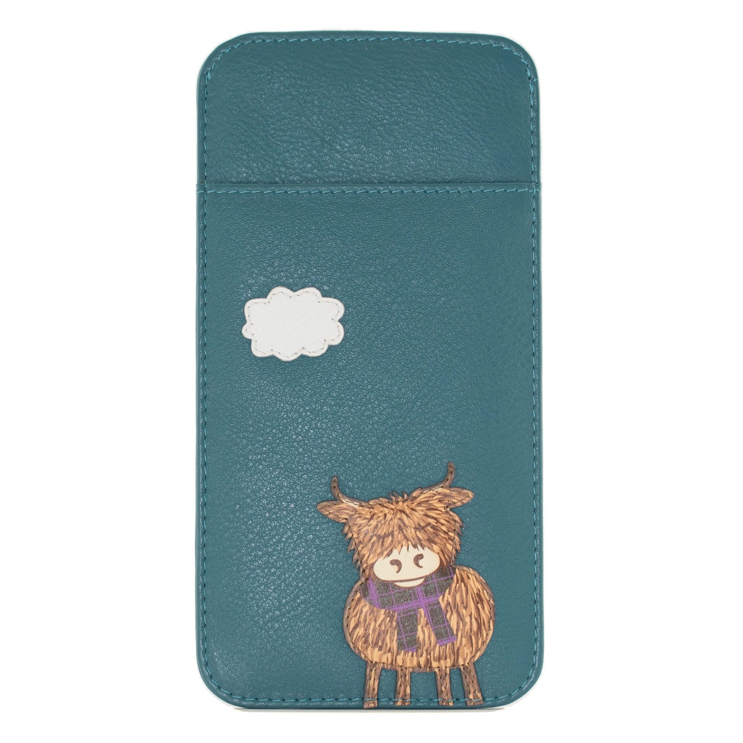 Teal blue leather glasses case with Highland cow and cloud applique details 