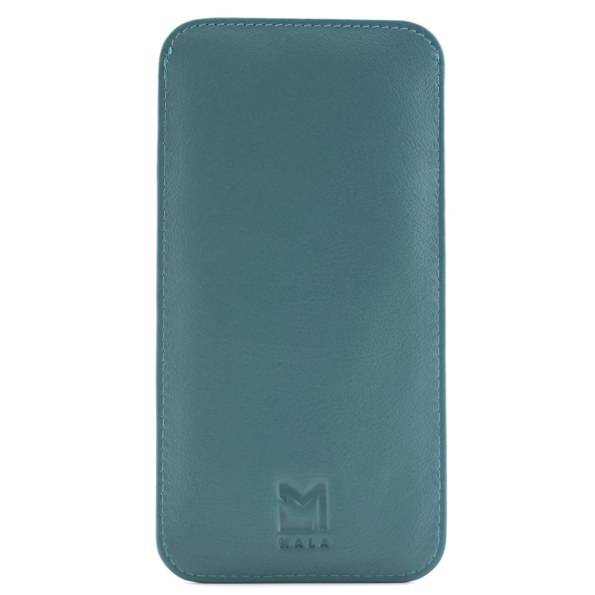 Teal blue leather glasses case back with Mala brand stamp