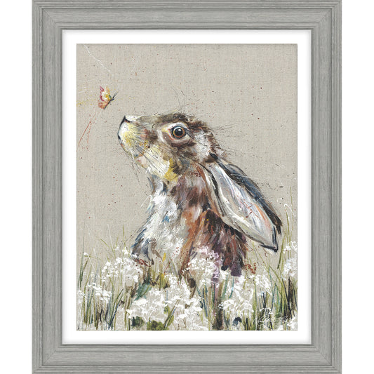 A framed print with textured canvas background and a painted Hare and butterfly