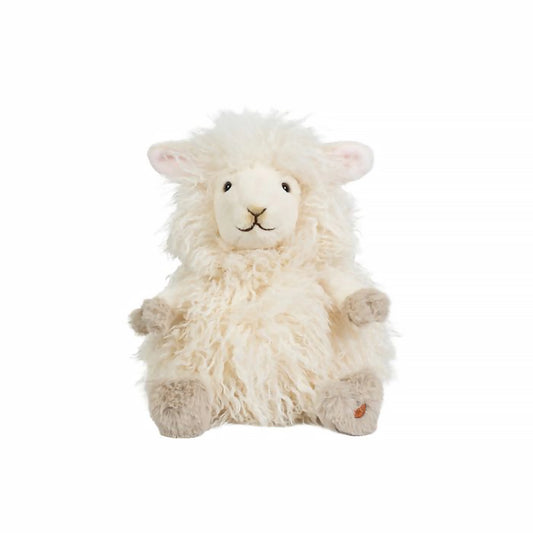 A stuffed sheep plush toy with the Wrendale logo embroidered on the bottom of its foot