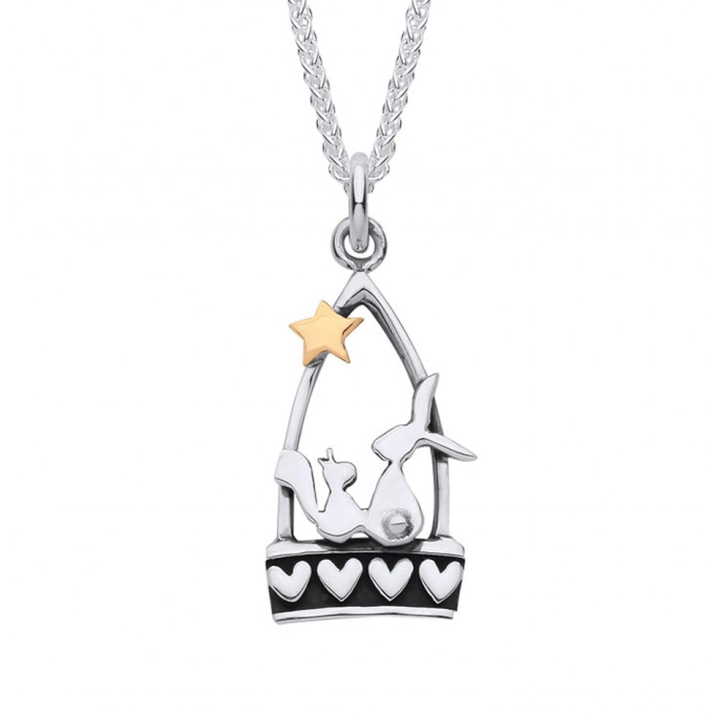 A silver stirrup pendant with a little hare and squirrel, heart details and a gold star