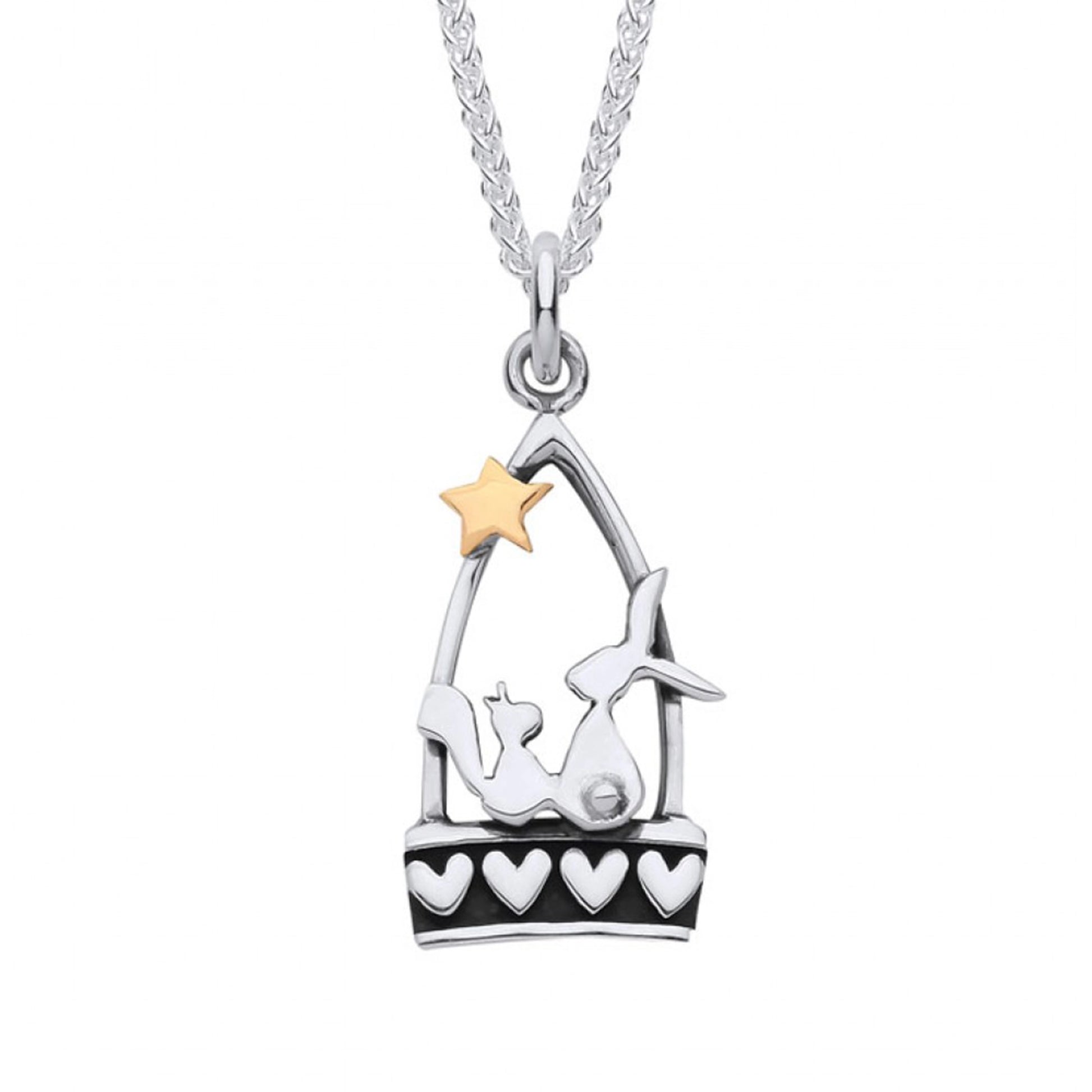 A silver stirrup pendant with a little hare and squirrel, heart details and a gold star