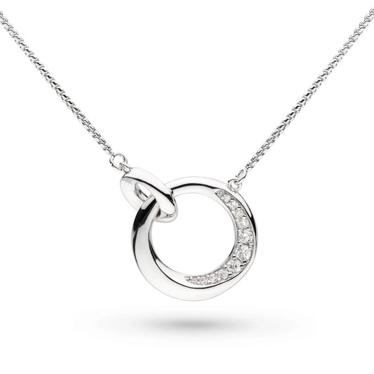 A silver necklace with CZ bevelled open circle and smaller linked circle 
