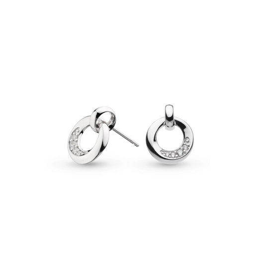 A pair of silver studs with linked rings in a bevel shape and cubic zirconia stones