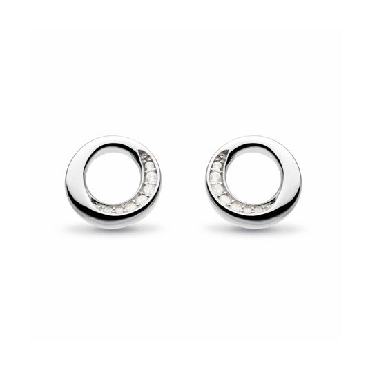A pair of open bevel circle silver studs with cubic zirconia