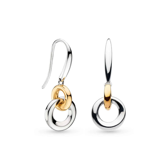 A pair of earrings with two linked rings in silver and gold on hook fittings