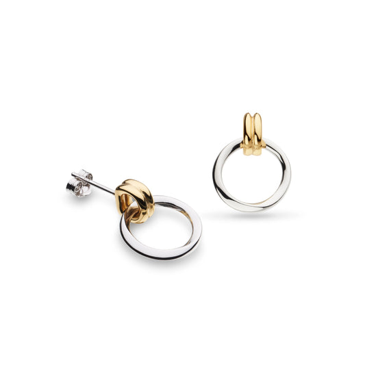 A pair of silver loop drop earrings with double gold loop bails