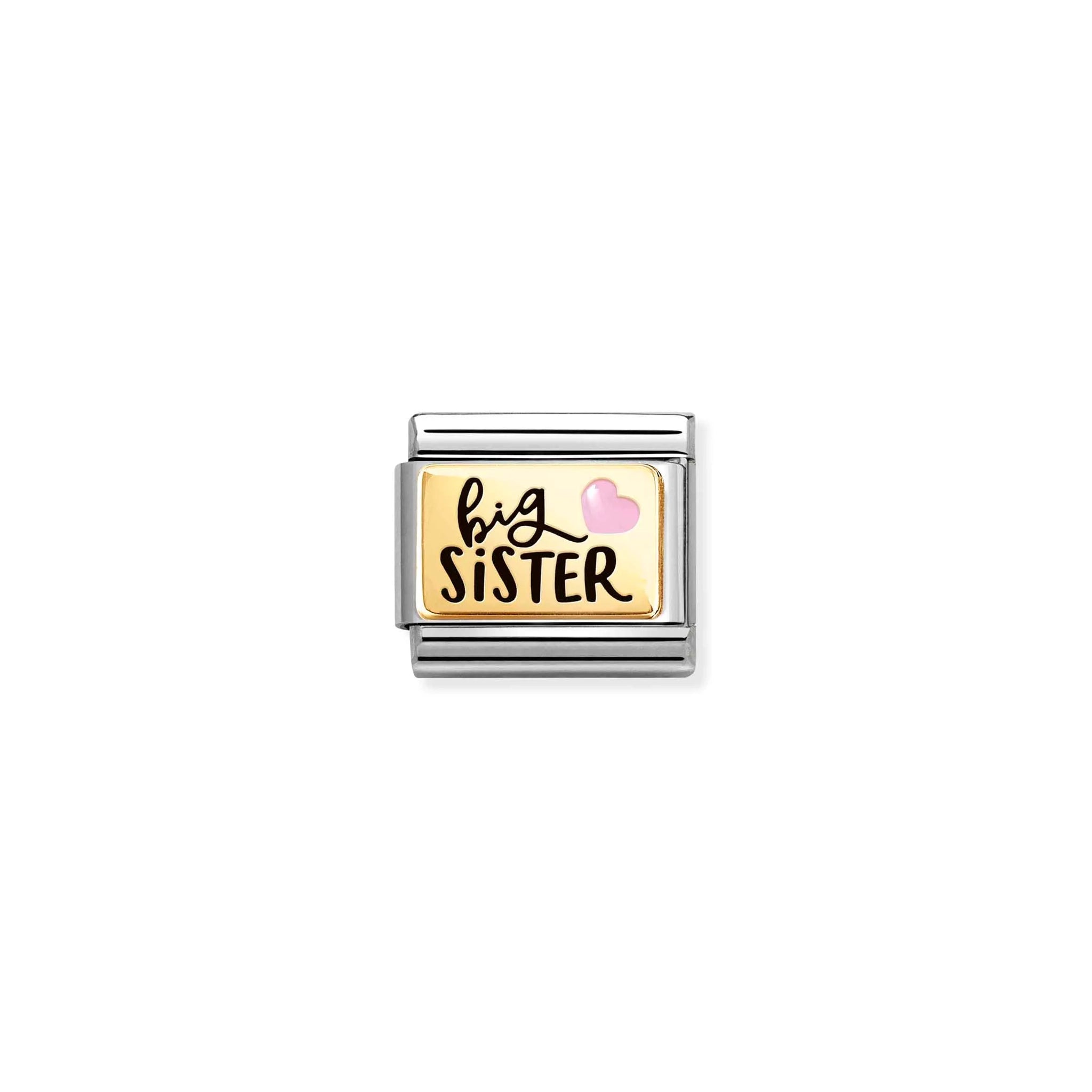 Nomination charm link in 18k gold with engraved enamel Big Sister and pink heart