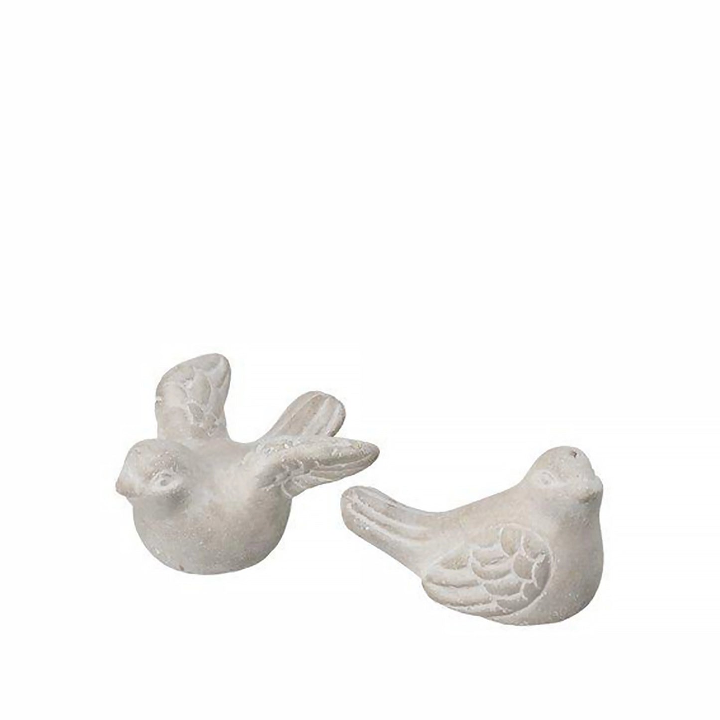 A pair of grey concrete bird figurines, ones with open wings and one with closed wings