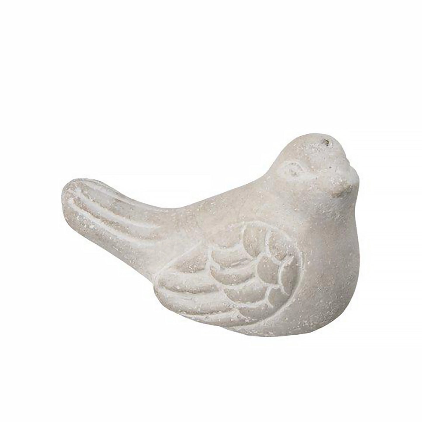 A grey concrete bird figurine with closed wings