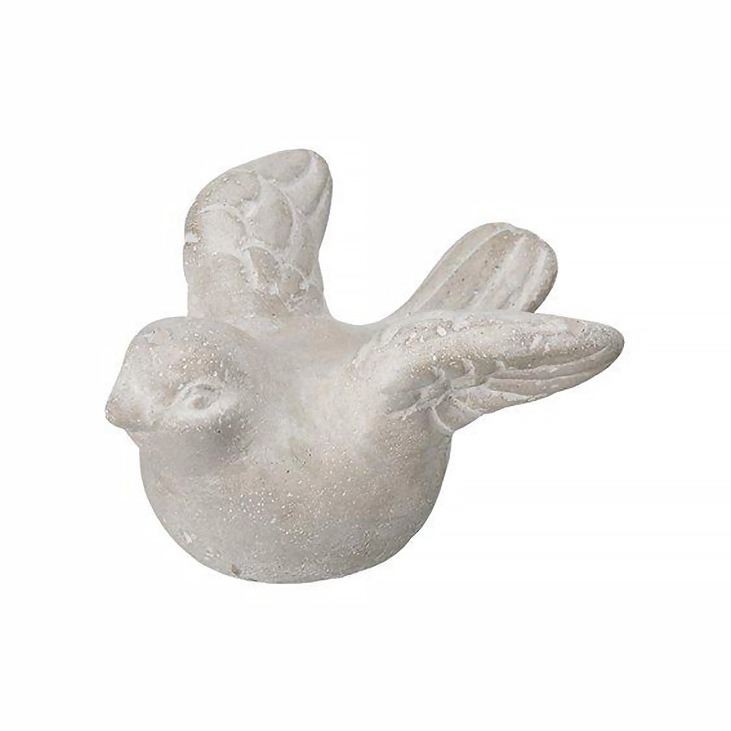 A grey concrete bird figurine with open wings