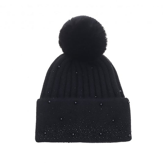 Black knitted hat with fluffy pompom and little black beads 