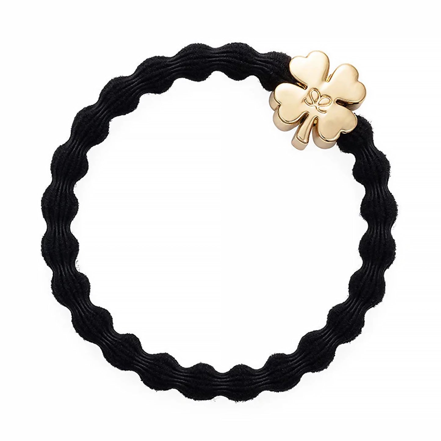 Elastic bubble hair band in black with gold clover charm