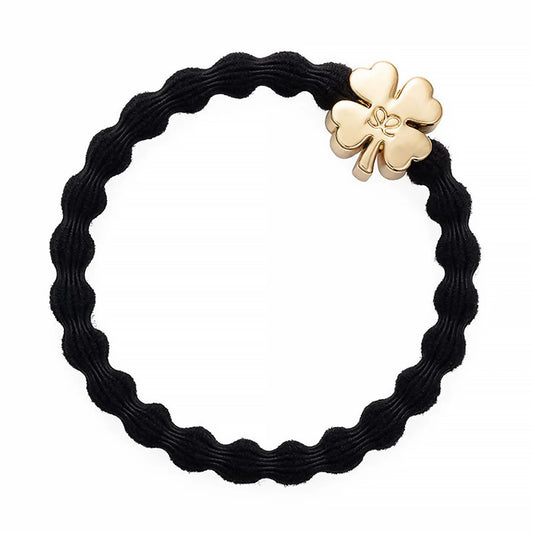 Elastic bubble hair band in black with gold clover charm
