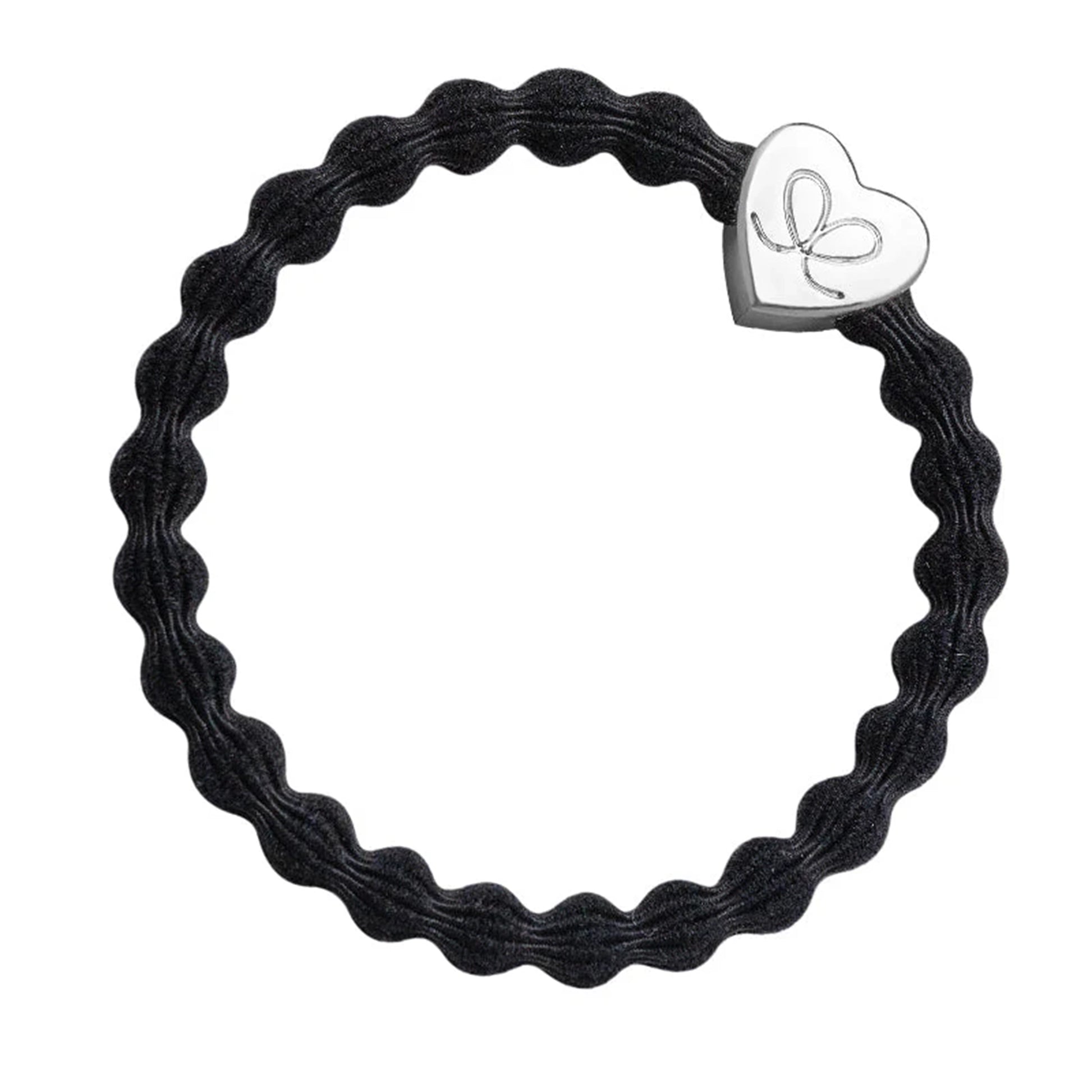 Black coloured bubble shaped hair tie with silver heart charm