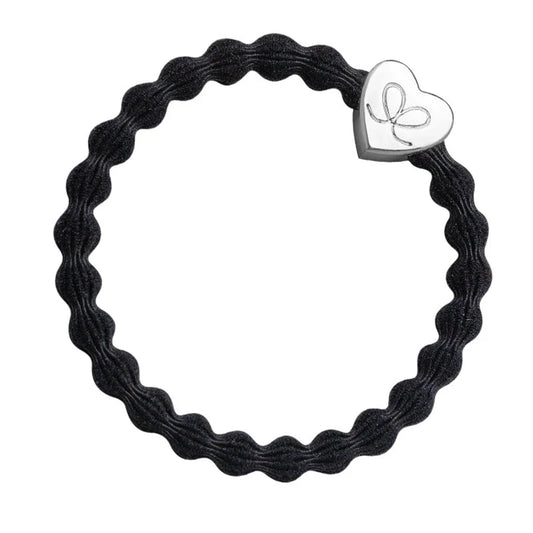 Black coloured bubble shaped hair tie with silver heart charm