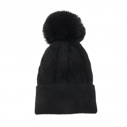 A simple black cable knit hat with large fluffy pompom