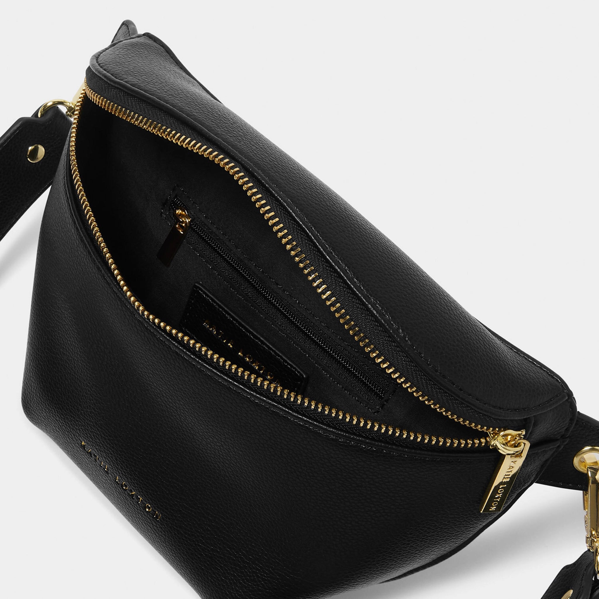 Open belt bag in faux leather and black with gold hardware