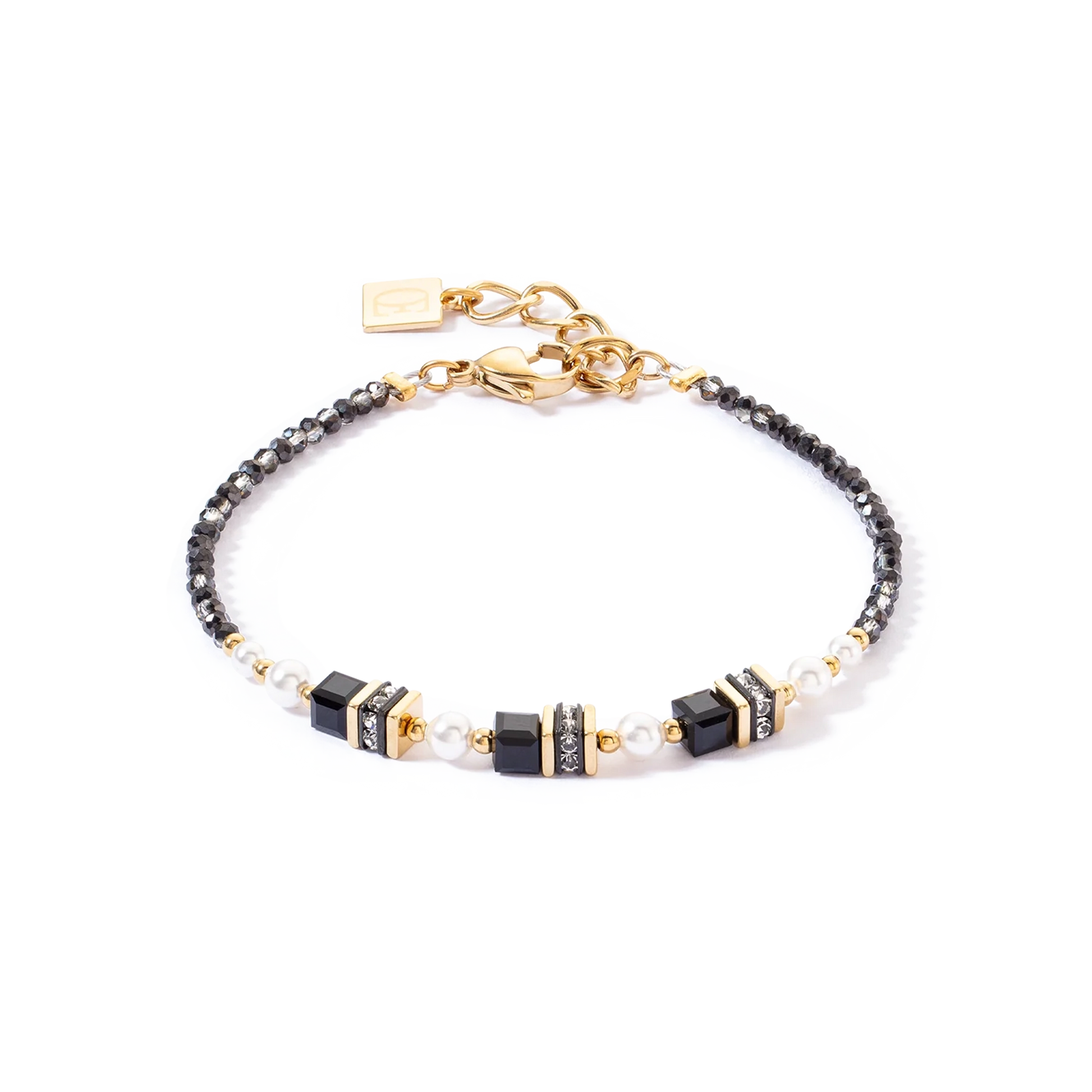 Yellow gold stainless steel bracelet with cut black beads and white pearls