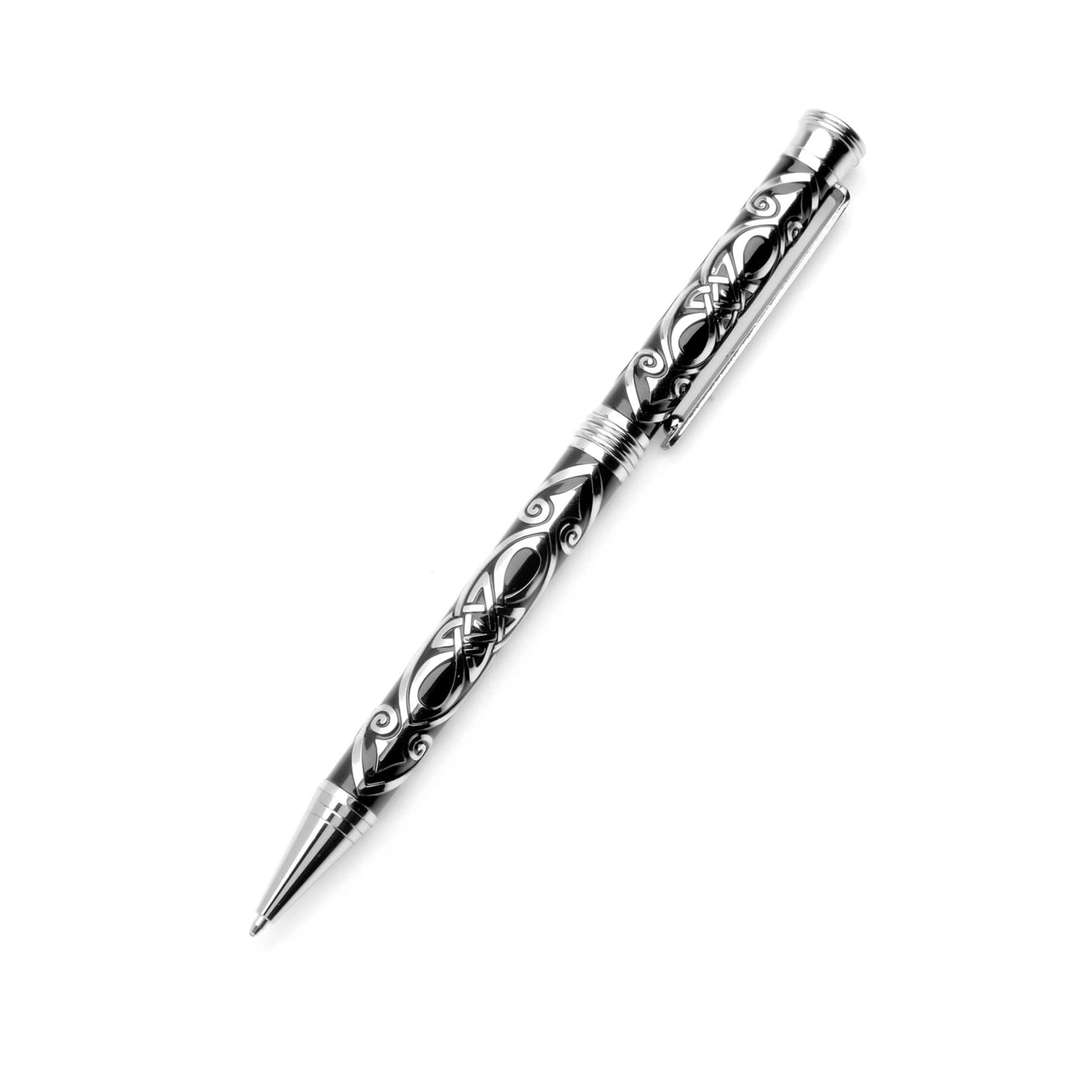 Silver and black ballpoint pen featuring a spear like Celtic design