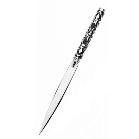 A black and silver paperknife with a spear like Celtic design