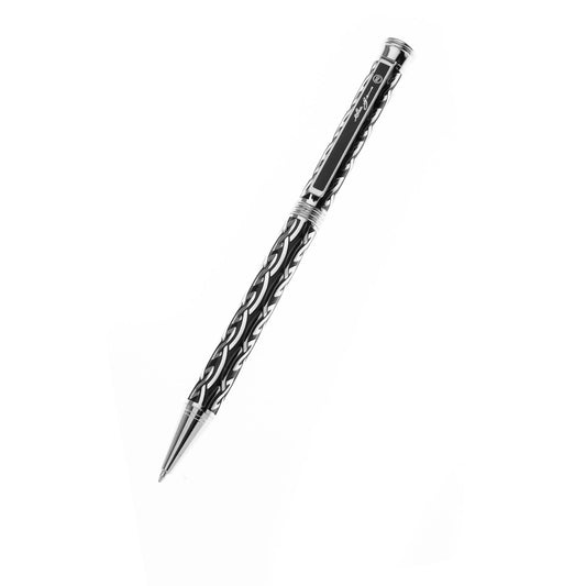 Black and silver ballpoint pen with a zigzagging Celtic pattern