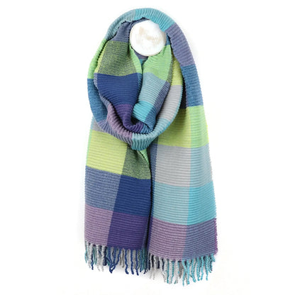 Colour block scarf in blue, grey, purple and green