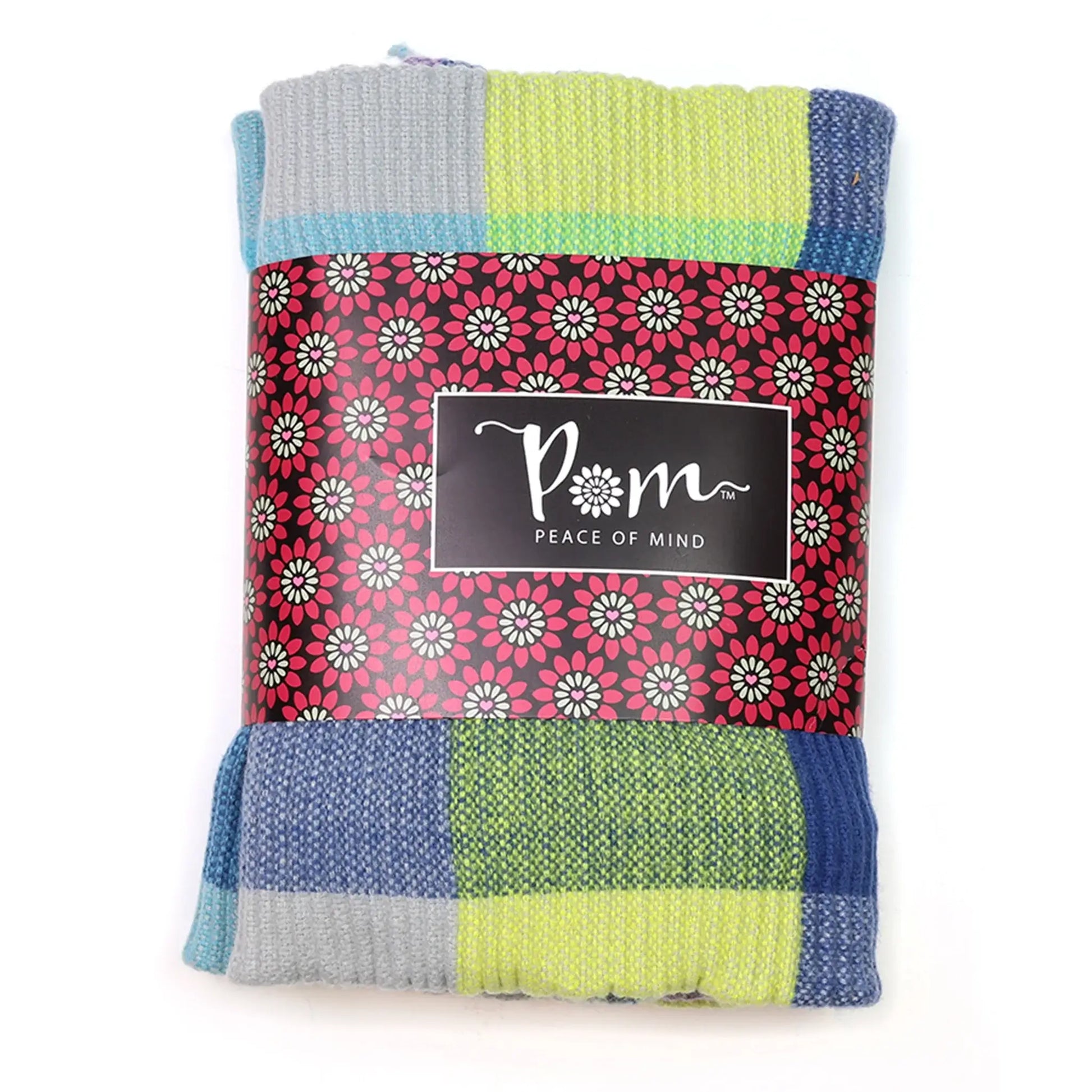 Colour block scarf in blue, grey, purple and green in packaging