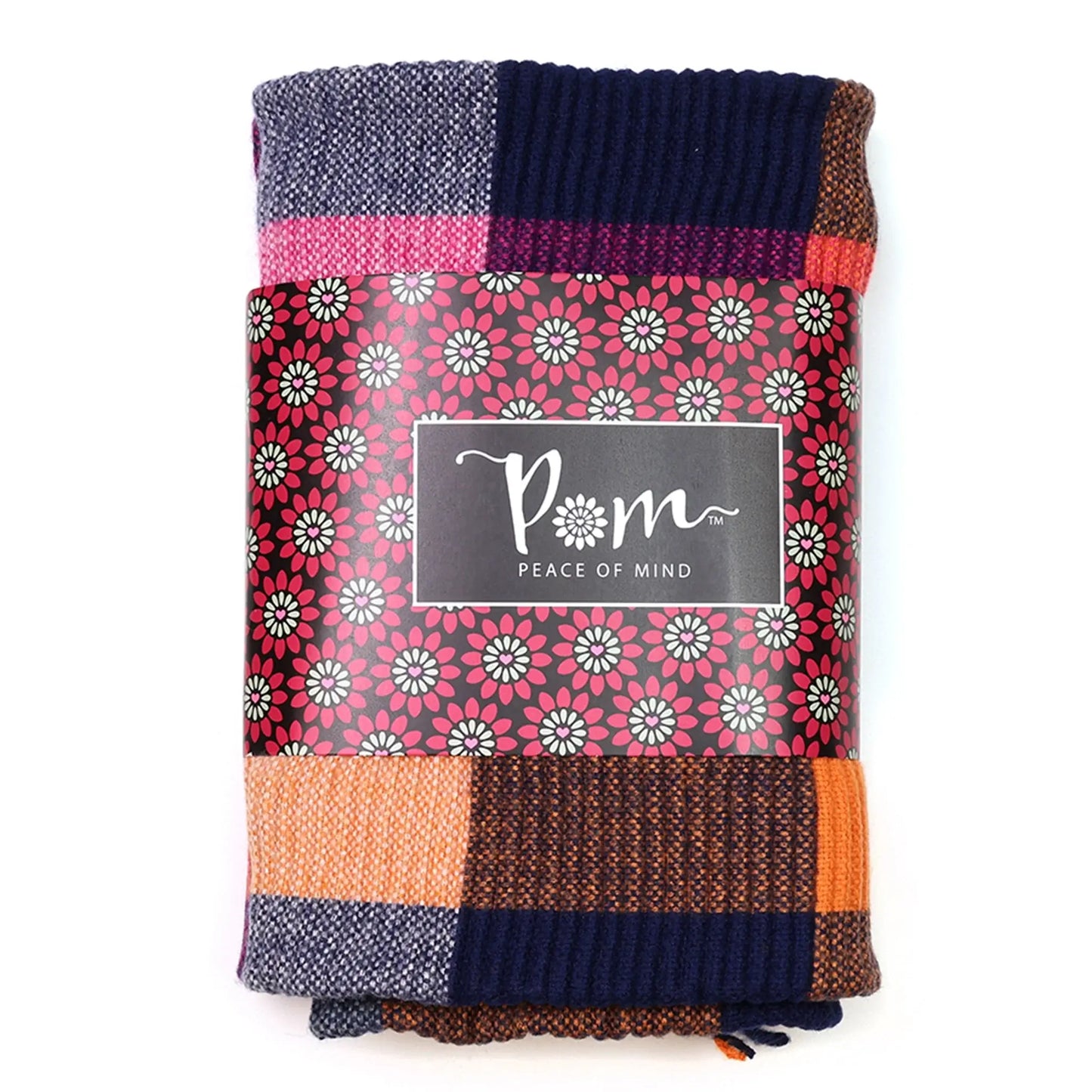 Colour block scarf in pink, orange and navy in packaging