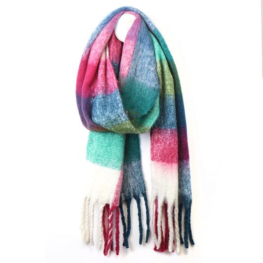 A large colour block check patterned scarf in pink, blue, green and cream with chunky tassels