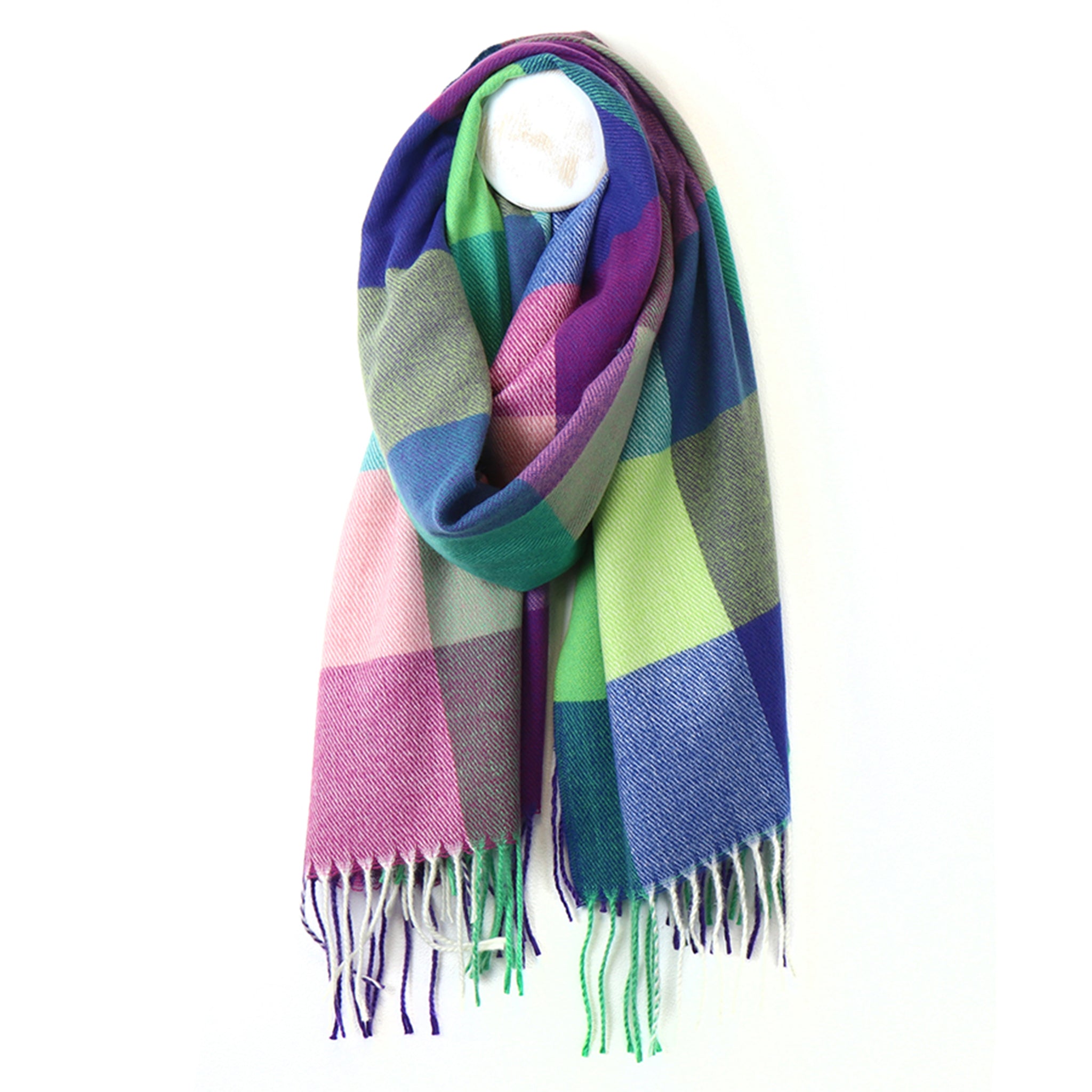 Scarf with large blue, pink and green colour block check pattern and twisted fringe