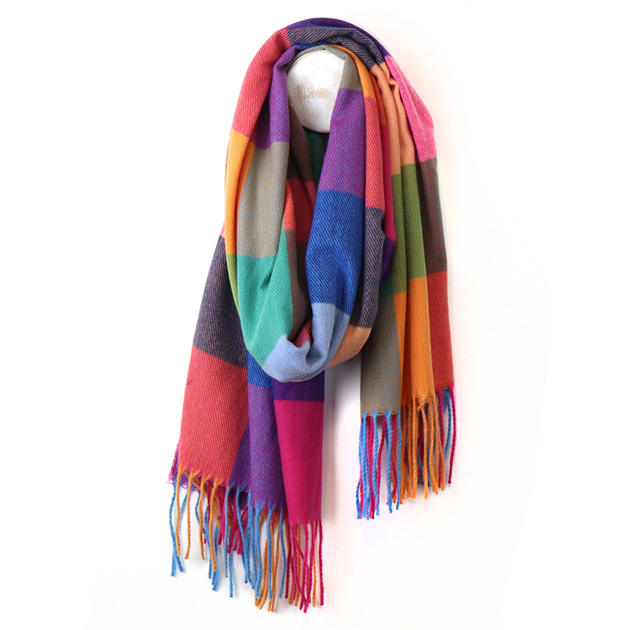 A multicolour colour block scarf in warm and cool tones