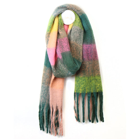 Pastel colour block check scarf in green and pink with long chunky tassel fringe