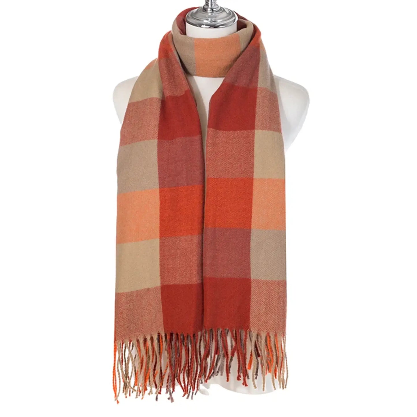 Block check patterned scarf in orange and beige colours with tassel trim